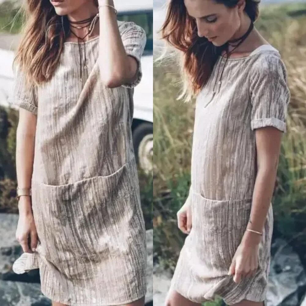 Anthropologie Beige Striped Linen-Blend Pocket Shift Dress